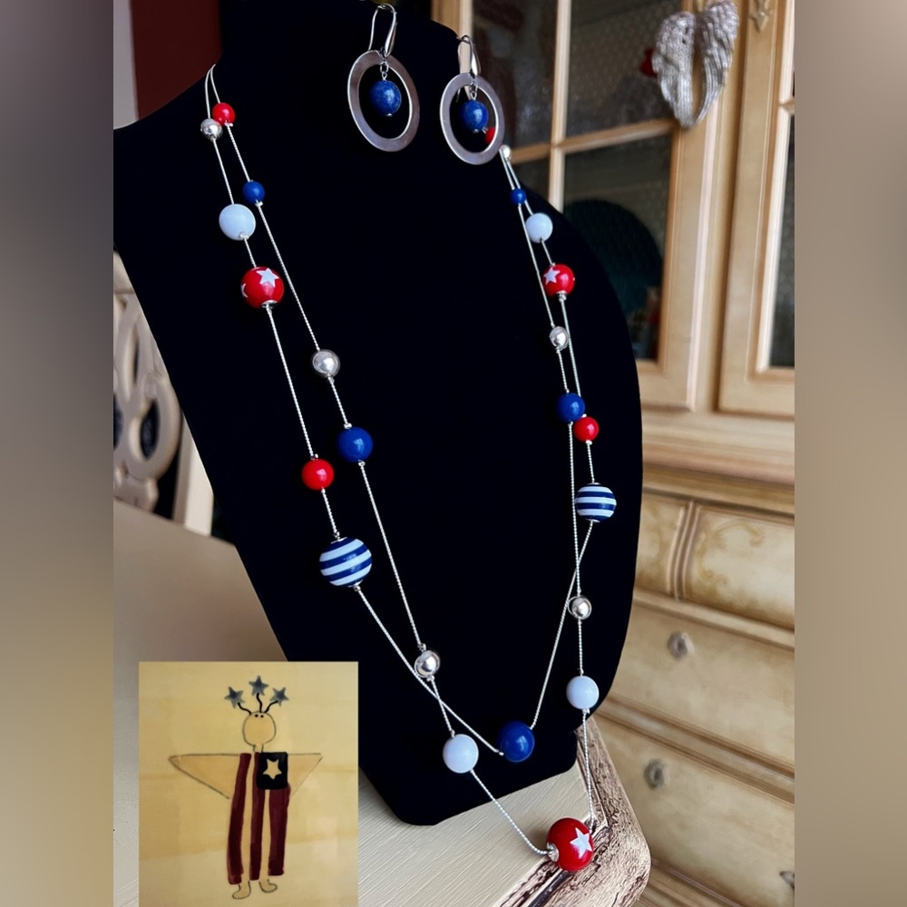 𝓟𝓪𝓽𝓻𝓲𝓸𝓽𝓲𝓬 Red White & Blue Stars & Stripes 𝓤𝓢𝓐 Necklace and Earrings - Picture 7 of 7